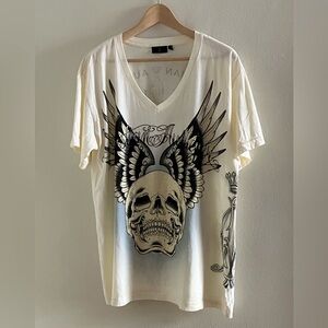 CHRISTIAN AUDIGIER men’s cream tee with rhinestones sz L